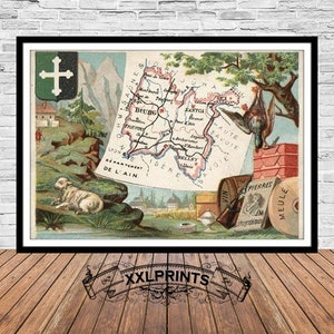 Mapa antigo do Departamento de L'ain, 1935, região de Auvergne-Rhône-Alpes, reprodução fina, mapa grande, impressão de belas artes, decoração antiga, impressão de mapa em tamanho grande