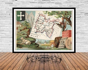 Carte ancienne du département de L'ain, 1935, région Auvergne-Rhône-Alpes, belle reproduction, grande carte, impression d'art, décor ancien, impression de carte surdimensionnée