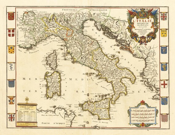 アンティークイタリア地図印刷物：1707年 希少な歴史的複製 - Etsy 日本
