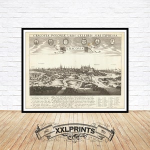 Alte Vogelperspektive auf Krakau, 1675, seltene, antike, feine Reproduktion, große Karte, Fine Art Druck, Übergröße Landkarte Druck