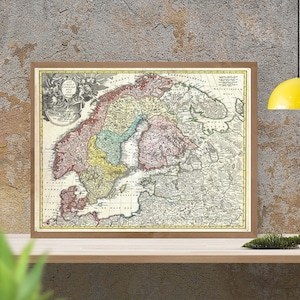 Mapa antiguo de los países escandinavos en 1730, Noruega, Suecia, Dinamarca, Finlandia y los estados bálticos, art déco, decoración vintage, impresión de bellas artes