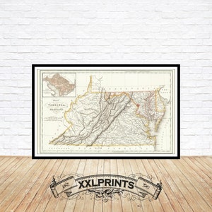 Old map of Virginia and Maryland, 1831, fine reproduction, large map, fine art print, oversize map print