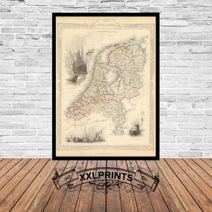 Ancienne carte des Pays-Bas, 1851, carte des Pays-Bas, carte ancienne, belle reproduction, grande carte, impression d'art, décor antique, impression de carte surdimensionnée