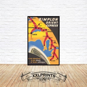 May include: Vintage travel poster for the Simplon Orient Express train route. The poster features a map of Europe with a red line tracing the train route from London to Cairo. The poster is yellow, red, and black with the text "Simplon Orient-Express" in bold black letters.