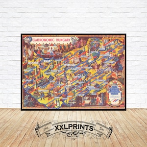 Gastronomic Hungary Map Print: 1935 Vintage Food Art