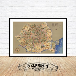 Ancienne carte touristique de la Roumanie, 1950, belle reproduction, grande carte, impression d'art, impression de carte surdimensionnée