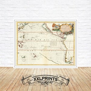 May include: An antique map of the Pacific Ocean, titled "Mare Pacifico", with detailed coastlines and islands. The map is printed in black and white with hand-colored details, including red and blue lines and green islands. The map is framed in a white frame.