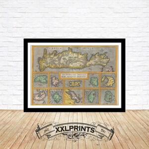 Carte ancienne de la Crète et de dix autres îles grecques, 1584, belle reproduction, grande carte, impression d'art, décor antique, impression de carte surdimensionnée