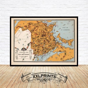 Puede incluir: Un mapa ilustrado de New Brunswick, Canadá. El mapa es de estilo vintage con una combinación de colores amarillo y naranja. El mapa muestra las principales ciudades, pueblos y puntos de referencia de la provincia. El texto "Animated Map of New Brunswick" está en la esquina inferior izquierda.