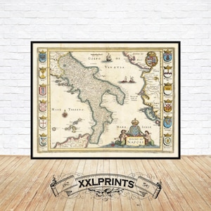 Napoli & Calabria Ancient Map Print: 1638 Fine Art Reproduction