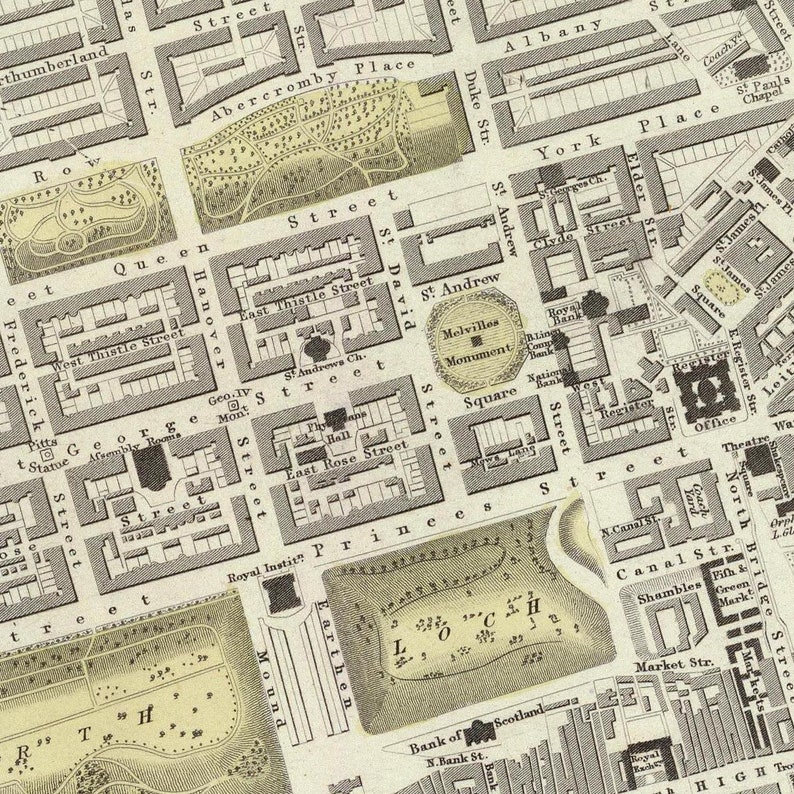 May include: A vintage map of Edinburgh, Scotland, showing the city's streets and landmarks. The map is printed in black and white and features a detailed layout of the city's central area. The map includes the names of streets, squares, and other points of interest.