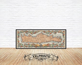 May include: An antique map of Crete, printed on paper with a decorative border of flowers and fruit. The map is framed in black.
