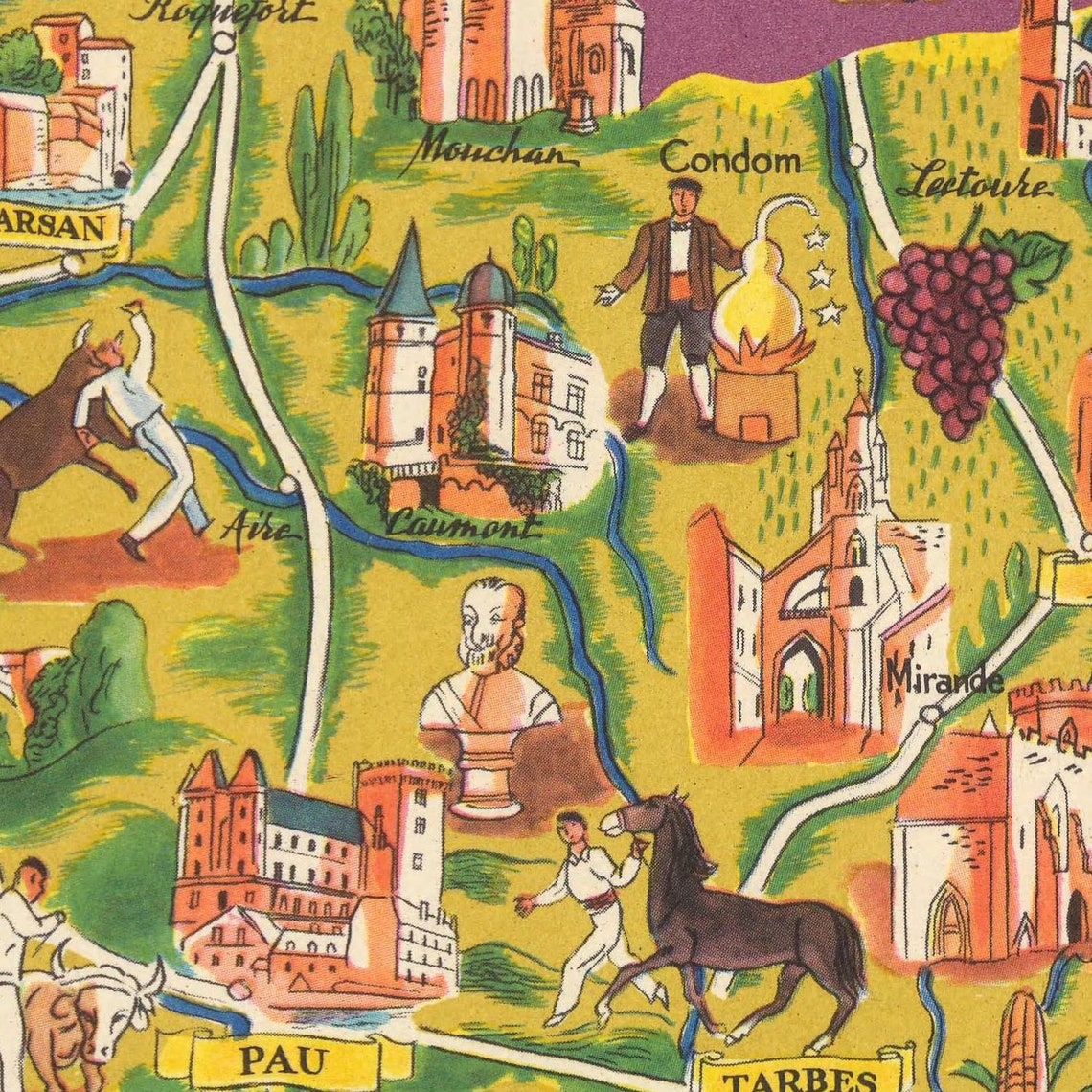 Old Pictorial Map of Gascony and Béarn 1951 Provinces of Etsy