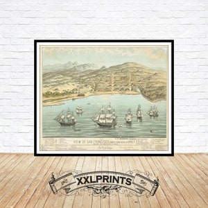Alte Vogelperspektive auf San Francisco, 1884, seltene, feine Reproduktion, große Karte, Fine Art Druck, Überformatkarte