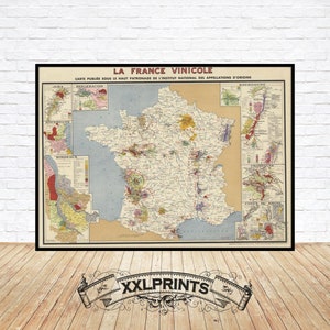 Mapa de vinícolas antigas da França, 1949, reprodução fina, mapa grande, impressão de belas artes, impressão de mapa em tamanho grande