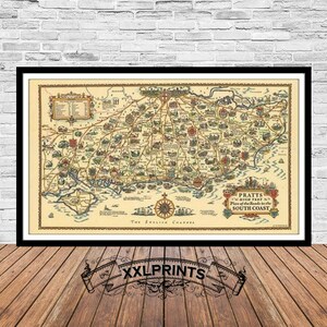 Old roads map of the England&#39;s south coast, 1932, fine reproduction, large map, fine art print, oversize map print