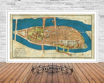 Può includere: Mappa vintage della città di Parigi, Francia, che mostra le strade e gli edifici dell'Île de la Cité. La mappa è stampata in inchiostro marrone, giallo e blu su sfondo bianco. Il titolo della mappa è "Plan Détaillé de la Cité".
