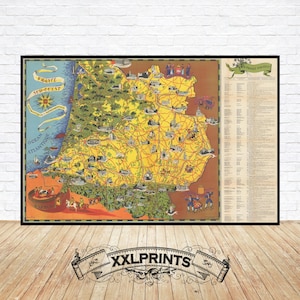 Mapa antiguo turístico y monumental del suroeste de Francia, 1950, excelente reproducción, mapa grande, impresión de bellas artes, impresión de mapa de gran tamaño