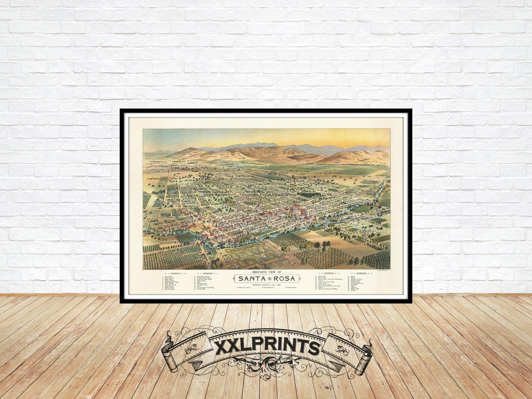 Santa Rosa Map Print: 1897 Bird's Eye View, Sonoma County - Etsy