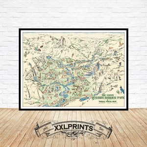 Ancienne carte illustrée du parc national de Yosemite, 1946, belle reproduction, grande carte, impression d'art, impression de carte surdimensionnée