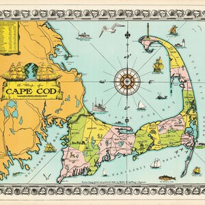 Old Pictorial Map of Cape Cod, Massachusetts, 1932, Fine Reproduction ...