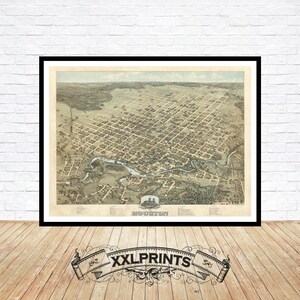 Alte Vogelperspektive auf Houston, 1875, feine Reproduktion, große Karte, Fine Art Druck, Übergröße Kartendruck