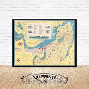 May include: A vintage map of Boston University, showing the layout of the campus and surrounding area. The map is printed in yellow, blue, and red colours and includes a legend to identify the different buildings.