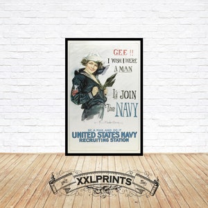 Antiguo cartel publicitario "Vaya, me gustaría ser hombre y unirme a la Marina", 1917, reproducción fina, impresión de bellas artes