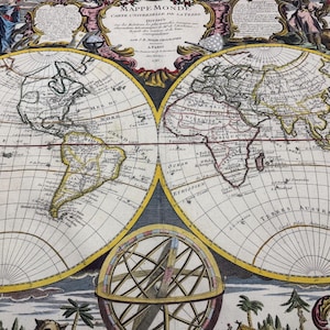 May include: A detailed, antique world map with a vintage aesthetic. The map is divided into two hemispheres, showcasing continents and oceans with intricate lines and text. The map is framed with decorative elements and text in French.