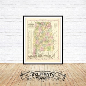 Mapa antiguo de Alabama, 1844, mapa antiguo, reproducción fina, mapa grande, impresión de bellas artes, decoración antigua, impresión de mapa de gran tamaño