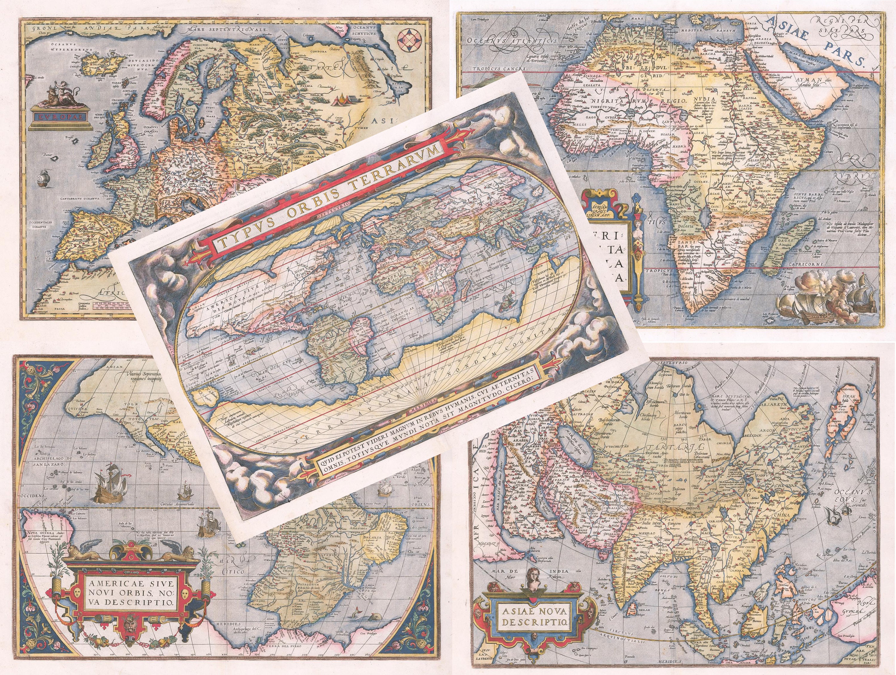 Beautiful set of 5 ancient maps,1584,Americas,Africa,Asia,Europe,World,fine reproduction,large map,fine art print,oversize map print