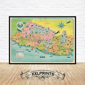 Old pictorial map of El Salvador, 1950, fine reproduction, large map, fine art print, oversize map print