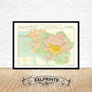 Mapa antiguo de vinos de la región de Cognac, Champagnebois, Charente, 1947, reproducción fina, mapa grande, impresión de bellas artes, impresión de mapa de gran tamaño