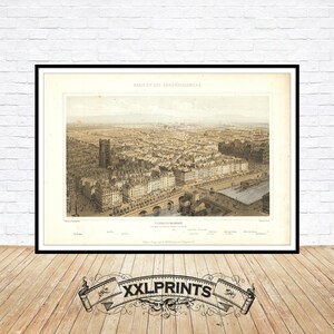 Antique perspective view of 7th Paris arrondissement, 1840, fine reproduction, fine art print, oversize print