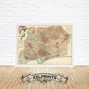 Mapa antiguo de Barcelona, 1891, mapa raro, mapa antiguo, reproducción fina, mapa grande, impresión de bellas artes, decoración antigua, impresión de mapa de gran tamaño