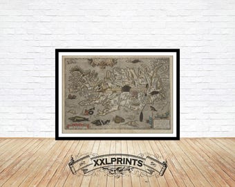 May include: A vintage map of Iceland, printed in black and white on a cream-colored background. The map shows the island's coastline, rivers, and mountains. The title "Island" is printed at the top of the map.