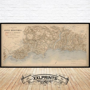 Mapa antigo de Fréjus, Cannes, Grasse, Antibes, Nice, Mônaco, Menton, 1887, reprodução fina, mapa grande, impressão de belas artes, impressão de mapa em tamanho grande
