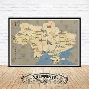 Old tourist map of Ukraine, 1960, fine reproduction, large map, fine art print, oversize map print