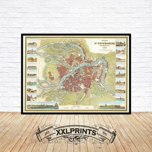 Old map of Sankt Petersburg, 1844, city plan, antique, Meyer&#39;s maps, fine reproduction, large map, fine art print, oversize map print