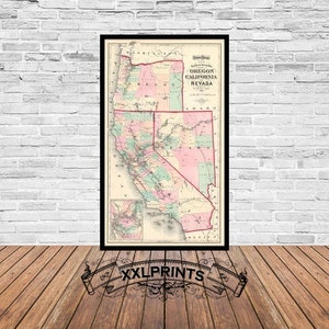 Ancienne carte de la Californie, du Nevada et de l'Oregon, 1873, belle reproduction, grande carte, impression d'art, décor antique, impression de carte surdimensionnée