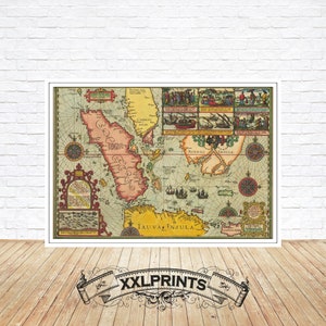 Può includere: Una mappa antica di Giava, o "Jaua Insula", con una rosa dei venti e bordi decorativi. La mappa mostra l'isola di Giava, il Borneo e le isole circostanti. La mappa è in stile vintage con uno sfondo marrone chiaro e dettagli colorati.