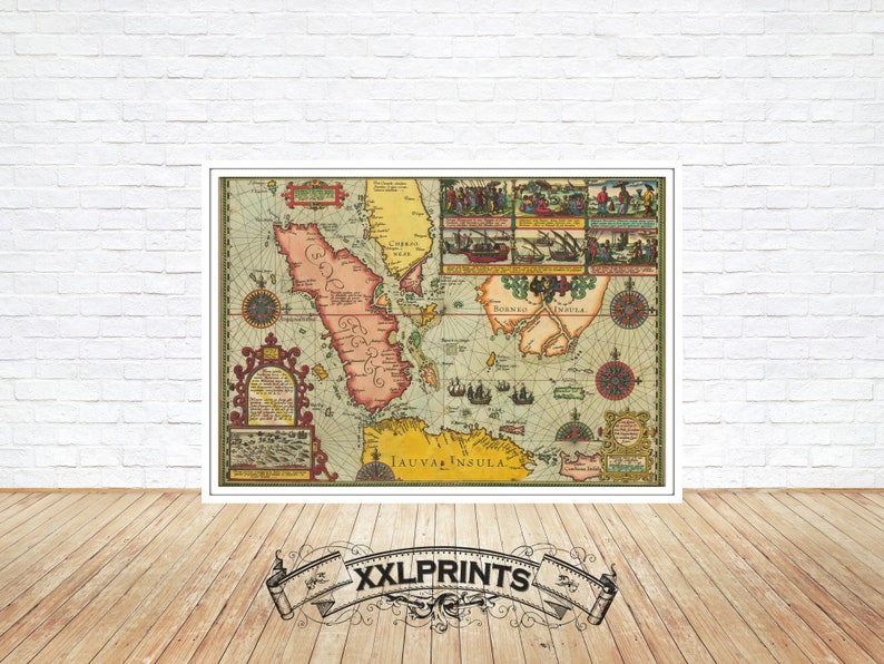 Framed map sitting on wooden floor, presentation only
