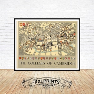 Kaartafdruk Cambridge Colleges: vintage reproductie 1946