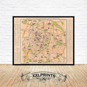Carte des anciens monuments de Bruxelles, 1935, carte touristique, belle reproduction, grande carte, impression d'art