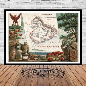 Mapa antiguo del Departamento de Alpes Marítimos, 1935, mapa raro, reproducción fina, mapa grande, impresión de bellas artes, decoración antigua, impresión de mapa de gran tamaño