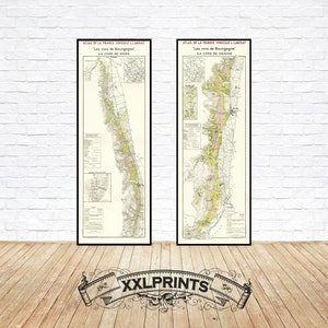 Antiguo conjunto de dos impresiones de mapas de vinos de Borgoña de época, Côte De Nuits, Côte De Beaune, 1942, reproducción fina, mapas grandes, impresión de bellas artes