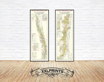 Old set of two vintage Burgundy, wine map prints, Côte De Nuits, Côte De Beaune, 1942, fine reproduction, large maps, fine art print