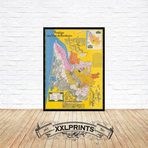 Mapa antiguo de los vinos de Burdeos, 1980, mapa de vinos, reproducción fina, impresión de bellas artes