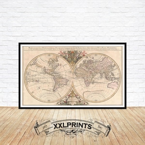 May include: An antique world map printed in black and white with red and blue accents. The map is surrounded by a decorative border with floral motifs. The title of the map is "Nova Orbis Terrarum Tabula, Auctore Guiljelmo de l'Isle, Geographo Regis".