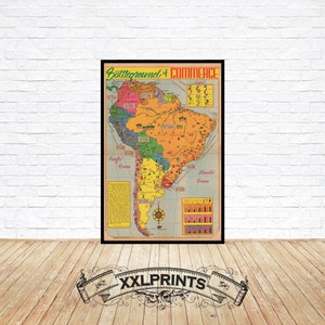 Ancienne carte de l'Amérique du Sud, 1939, carte des ressources, belle reproduction, grande carte, impression d'art, décor antique, impression de carte surdimensionnée